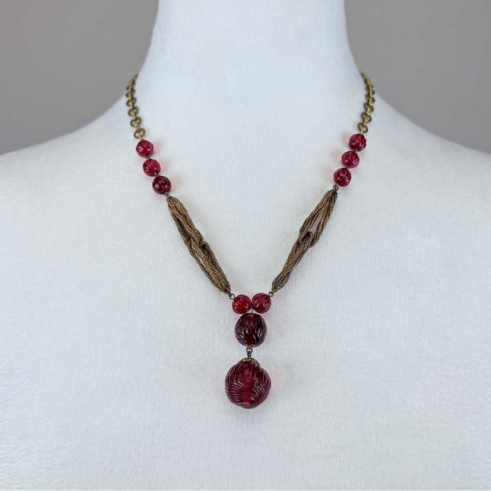 Vintage Louis Rousselet French Couture Red Glass Melon Bead Drop Chain Necklace - Picture 12 of 16
